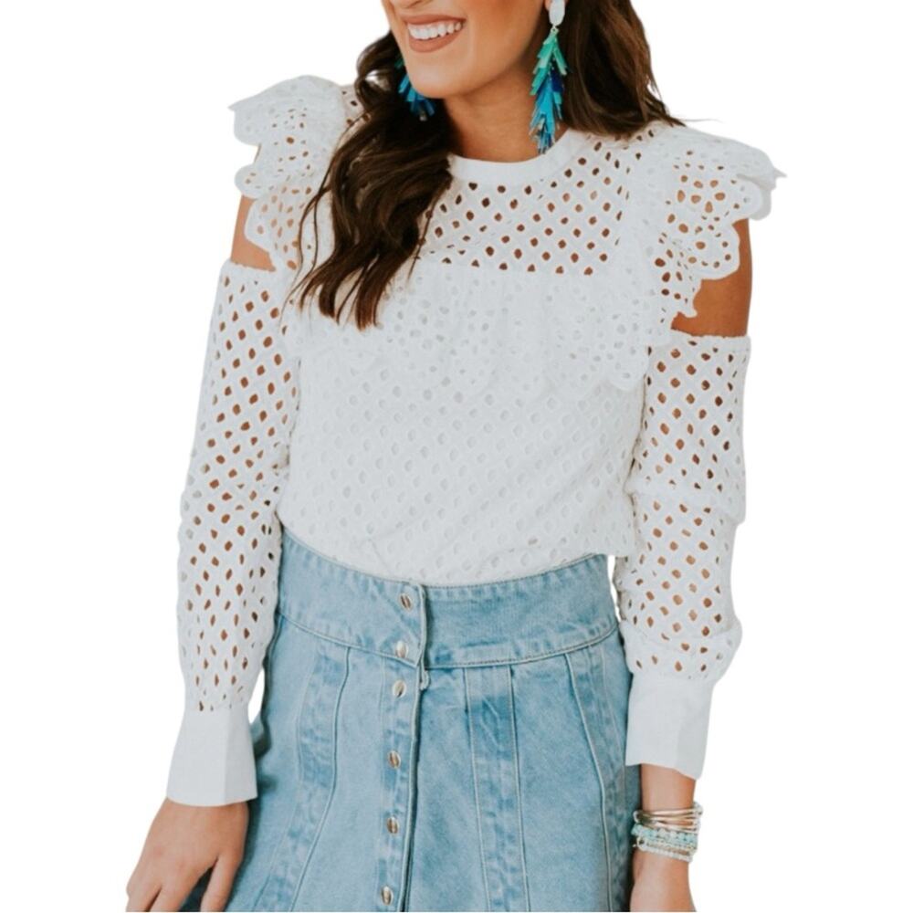 Endless Rose White Eyelet Cold-Shoulder Long Sleeve Ruffle Cotton Blouse LARGE